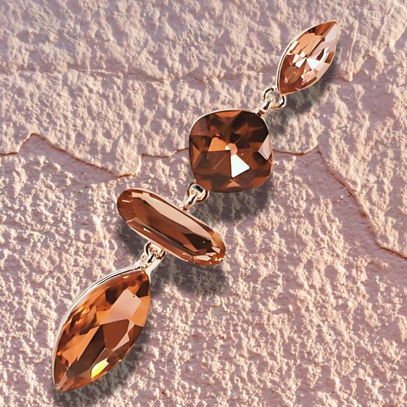 Pretty In Peach Crystal Bling Glam Tiered Drop Statement Earrings NEW - Picture 3 of 3